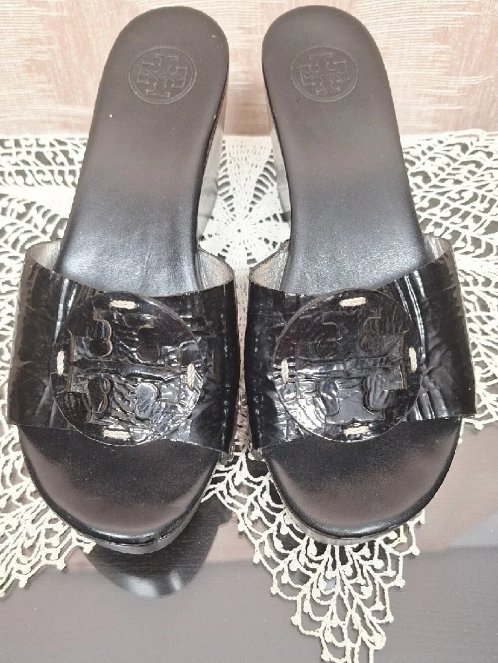 Tory Burch Black Patent Slide Mules with Logo Medallion